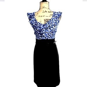 WHBM DRESS BLUE & BLACK DOT PRINT RUFFLE SHEATH BELTED SIZE 14